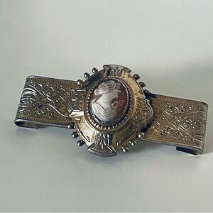 Victorian Brooch Taille D’ Epargne Enamel Gold Tone Pin Back Brooch